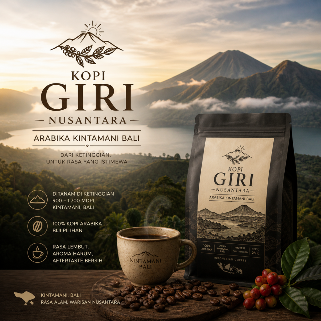 Kemasan Kopi Giri Nusantara Arabika Kintamani Bali, 100% Biji Kopi Pilihan dengan Cita Rasa Khas Pegunungan.