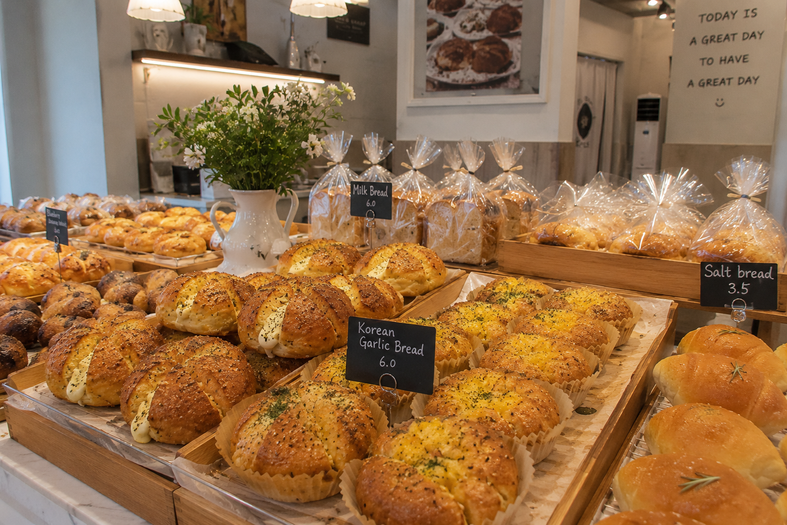 Bakery Korea modern dengan berbagai roti viral aesthetic.