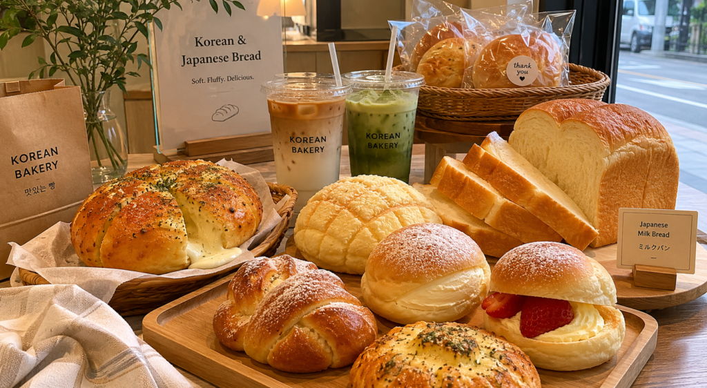 Berbagai roti Korea dan Jepang seperti Korean garlic bread, melon pan, dan Japanese milk bread yang disajikan di bakery modern aesthetic.