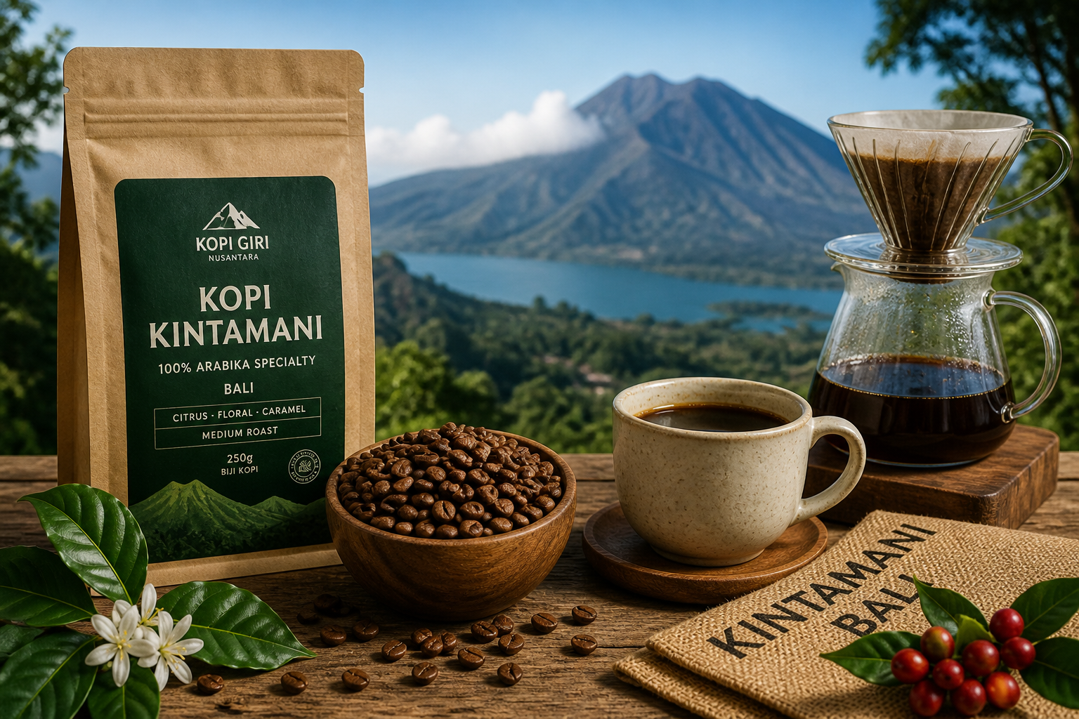 kopi arabika specialty Kintamani Bali Kopi Giri Nusantara dengan biji kopi segar dan seduhan kopi di latar pegunungan