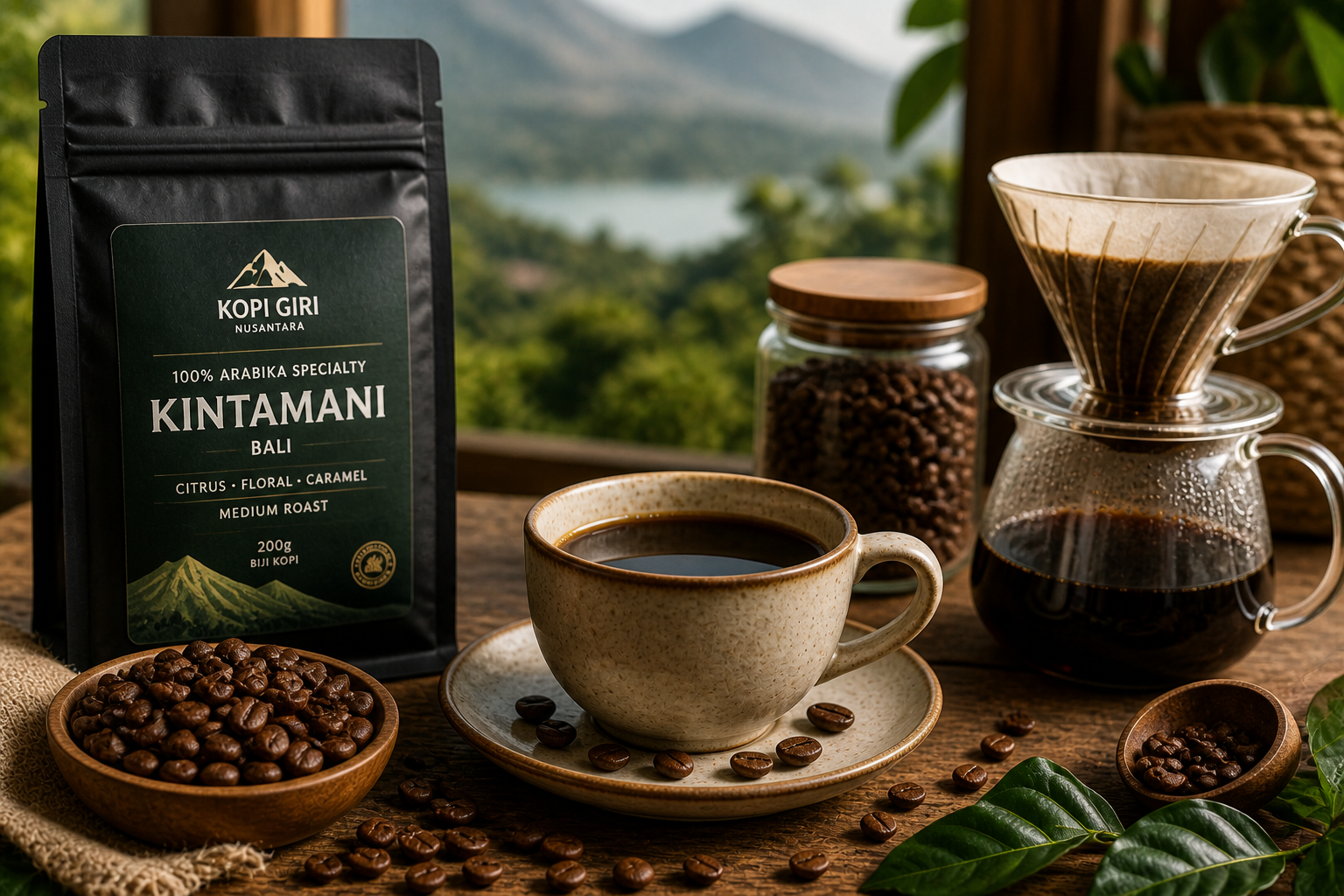 kopi arabika Kintamani Bali dengan seduhan kopi dan biji kopi segar